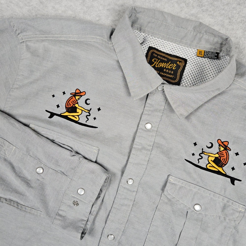 Howler Brothers Bros Men XL Gray Gaucho Snapshirt Western Pearl Snap Embroidered